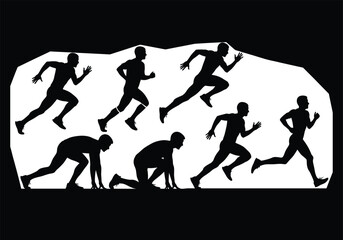 Six sprinting motion silhouettes, athlete running sequence, black figure vector, sports biomechanics illustration, dynamic pose design, isolated action art