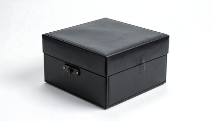 Black square box, closed, with clasp, on white backdrop