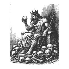 Dark fantasy illustration of Hades, the god of the underworld, sitting on a throne of skulls. Perfect for mythology or gothic art.