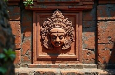 Stone carved face on brick wall. Religious Hindu sculpture of Kala Kirtimukha. Ancient temple relief artwork. Spirituality and cultural heritage of Indonesia. Close-up shot with details.