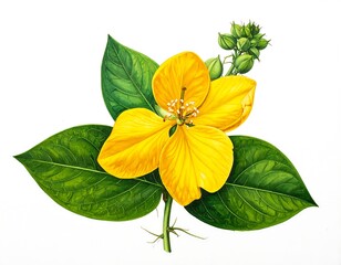 Botanical illustration depicts a radiant yellow flower with multiple petals and vibrant green leaves against a white backdrop