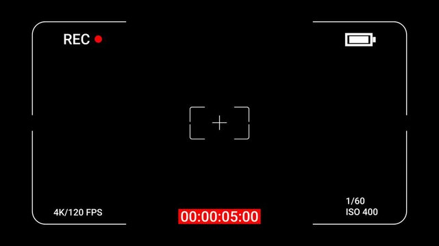 Realistic Camera Recording Screen Overlay with Transparent Background,  Alpha Channel Display,  Video Camera Viewfinder with REC Timer, Battery.