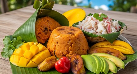Delicious Dominican Republic Cuisine - Mangu, Fruits, and Salad.