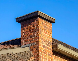 Brick chimney on roof. It's a close-up, clear shot under bright sunlight. The sky is vivid blue. The chimney's top is darker