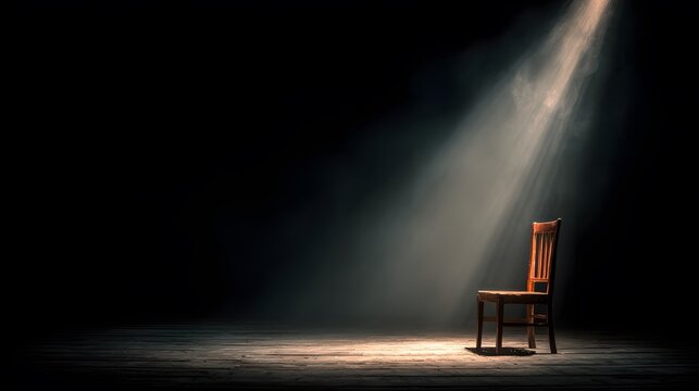 Single, empty chair rests on a wooden stage, illuminated by a solitary, dramatic spotlight from above. Visible light beams cut through the dark room.
