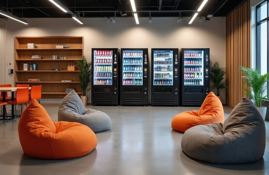 Modern office lounge with vending machines beanbag chairs and shelves. Contemporary interior with comfort relaxation area and selfservice options. Stylish design offers workspace for breaks drinks.