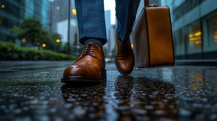 Shiny shoes create ripples on the wet pavement as a businessman walks briskly, showcasing elegance amid urban life