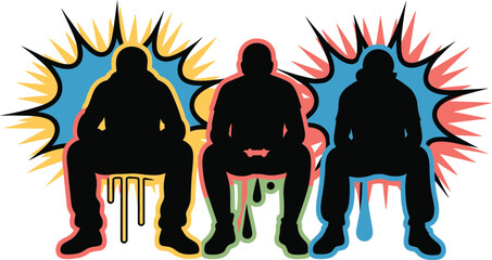 Three silhouetted figures sitting on chairs against a vibrant explosive background © mdnirobsardar05