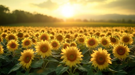 Fototapeta premium Sunflowers stretch toward the evening sky, illuminated by a glowing sunset, creating a serene and vibrant landscape