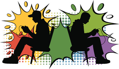 Silhouettes of two young people sitting back to back engrossed in mobile phones with comic book style bursts