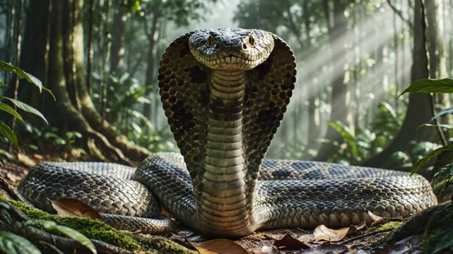Majestic King Cobra in Lush Jungle Habitat with Sun Rays.