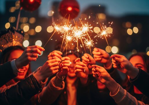 Group of diverse friends joyfully celebrating with sparkling lights and festive bokeh in a vibrant urban setting, creating a magical atmosphere of togetherness and happiness