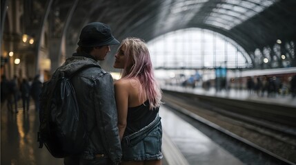 Fototapeta premium A couple shares an intimate moment on a train station platform looking at each other with anticipation for their journey