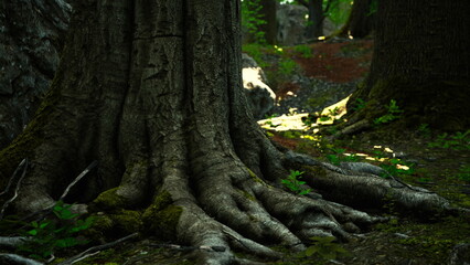 Majestic roots of a towering tree spread across the forest floor, intertwining with lush greenery. Sunlight filters through the leaves, casting soft shadows on the path.