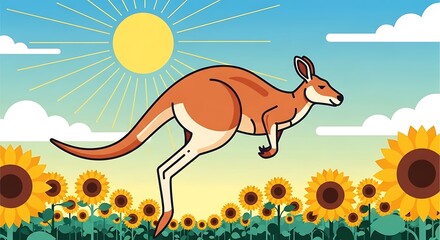 Kangaroo jumping in a field of sunflowers under a bright sunny sky.