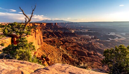 Breathtaking vista overlooking a vast canyon system during golden hour. The landscape features rugged rock formations and sparse vegetation, under a clear sky