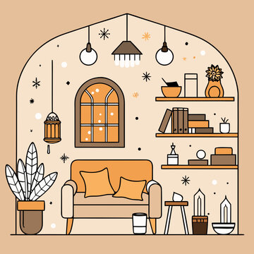 Cozy Winter Home Interior Line Art Vector Set | Minimal Furniture & Decor Outline Illustrations