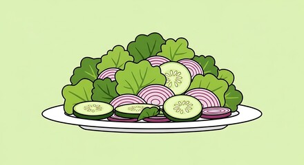 Fresh Salad with Lettuce Cucumber and Red Onion on a Plate.