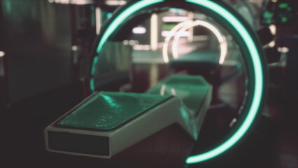 A sleek, modern healthcare facility features advanced medical imaging equipment. Soft green lights illuminate the room, enhancing the futuristic atmosphere.