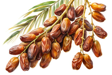 Watercolor painting of dried dates on a with green leaves isolated on white background