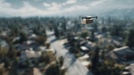 An autonomous drone delivers a package over a blurred suburban neighborhood from an aerial perspective