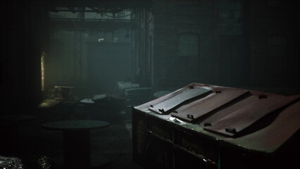 An eerie alleyway bathed in dim, atmospheric light reveals forgotten crates and shadows. The scene evokes a sense of mystery and anticipation in the quiet night.