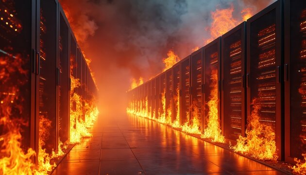 Hallway in data center engulfed with intense fire, smoke. Servers burning, equipment in blaze. Concept crisis, disaster, loss, cyberattack, system failure, eco problems with hardware energy