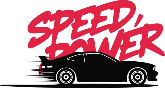 Dynamic silhouette of a sports car in motion with bold "speed power" text