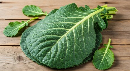 Freshly picked collard greens with water droplets on a rustic wooden table.