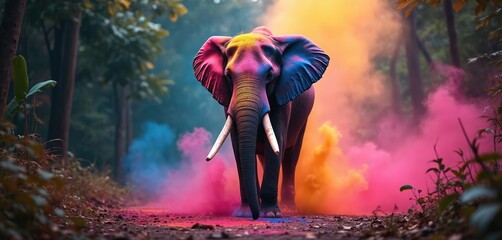 Elephant stands in forest. Big animal holi colors. Background bright with jungle, colorful powder. Elephant decorated for indian celebration festival. Trunk, tusks visible on wild mammal.