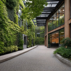 Modern urban office building with green wall, glass facade, natural light, and lush plants creates peaceful eco friendly environment