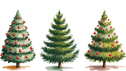 Watercolor illustration of three Christmas trees with red ornaments, festive holiday decoration, evergreen pine design for winter celebration artwork