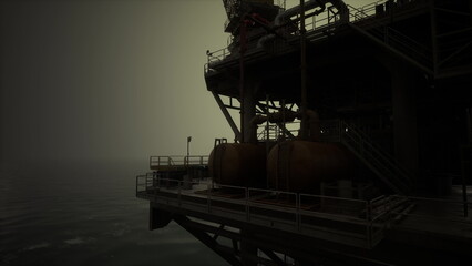 An offshore platform stands under a thick layer of mist, its structures faintly visible against the darkening sky as twilight descends over the calm sea, creating an eerie atmosphere.