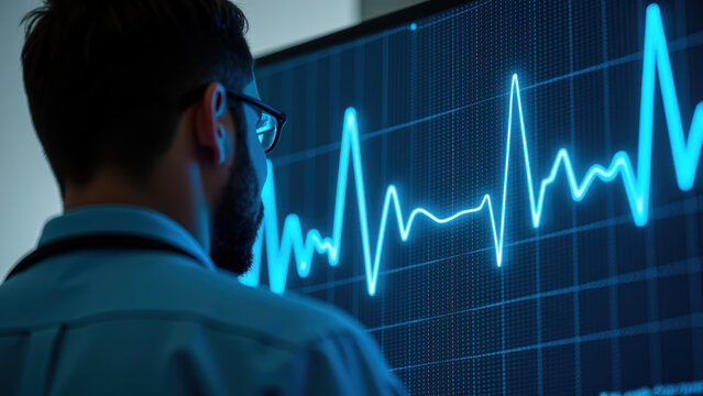 Medical professional analyzing heart rate data on monitor, showcasing technology in healthcare. scene conveys sense of focus and precision