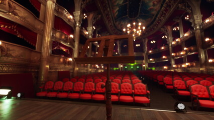 Fototapeta premium A wooden music stand stands alone on stage in a grand theater. Red seats fill the space waiting for an audience, while colorful chandeliers add elegance to the ambiance.