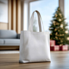 White tote bag front view on wooden floor with Christmas tree and gifts in background, cozy holiday home interior