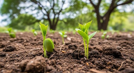 Vibrant green sprouts emerge from rich soil in a natural outdoor setting.