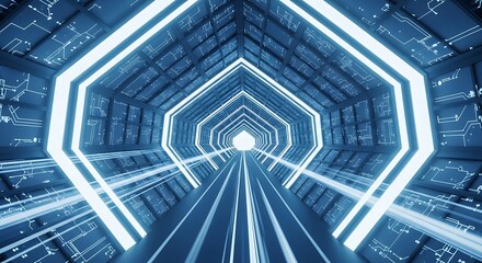 Futuristic Neon Tunnel with Glowing Geometric Shapes and Digital Patterns.