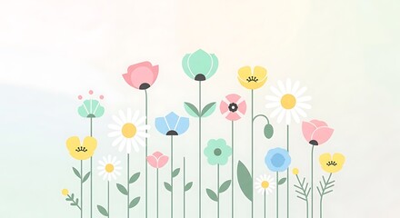 A beautiful illustration of various colorful flowers blooming in a garden with a soft pastel background.