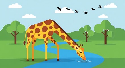 Cartoon Giraffe Drinking Water from a River in a Vibrant Natural Landscape Illustration.