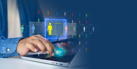 Niche marketing and personalization concept. Marketing segmentation strategy and consumer analysis. Marketer using laptop computer to analyze target customer data.