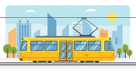 Yellow Tram Car City Transportation Public Transit Modern Urban Scene.