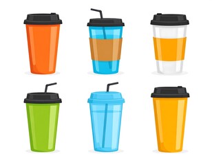 Assortment of six colorful disposable beverage cups, some with straws and sleeves, ready to be filled