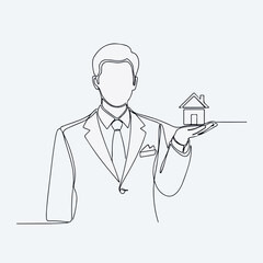 Real estate agent presents house in elegant single line art, demonstrating real estate. Line drawing represents real estate with continuous line art of person in suit holding little house on hand.