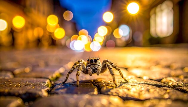 An intimate macro shot of a jumping spider on wet cobblestones at eye-level, with blurred city lights in the background - Powered by Adobe