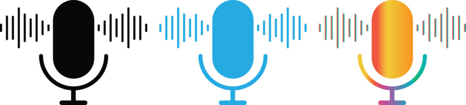 Microphone with sound wave icon. microphone icon with sound waves digital audio recording device.Voice message and podcast symbol.Audio speech podcast mic symbol on transparent background
