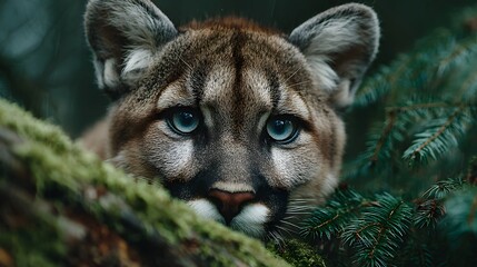 Naklejka premium Adorable, curious cougar cub with striking blue eyes peeks over a mossy log. The setting is a dense, misty forest with soft morning light filtering through.