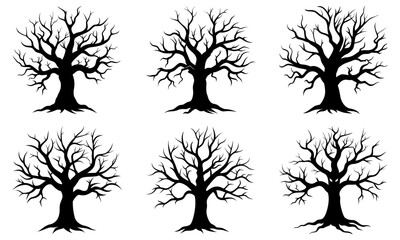 Spooky silhouettes of bare trees for autumn designs, Halloween themes, and nature illustrations create a captivating, eerie, and seasonal visual impact