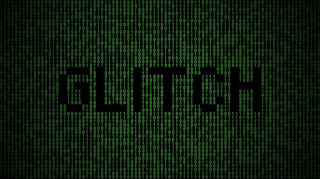 Binary glitch animation with digital distortion and matrix code.