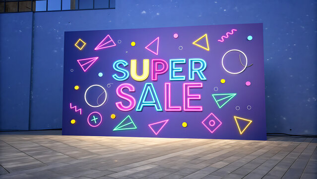A vibrant neon sign displays super sale with geometric shapes, creating a visually appealing advertisement for a promotional event, isolated on white background